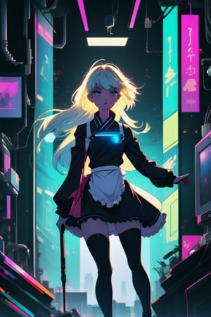 A young Autobot, clad in a knee-length Japanese schoolgirl uniform with frilly apron and knee-high socks, stands confidently amidst a futuristic cityscape. Her cybernetic enhancements - gleaming circuits, glowing blue optics, and metallic limbs - peek through the fabric, hinting at her mechanical nature. The vibrant neon hues of skyscrapers and holographic advertisements create a striking contrast to her soft, feminine features. In the midst of this high-tech chaos, she exudes a sense of calm determination.
