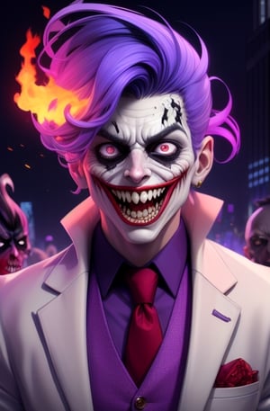 , willem dafoe , the joker ,  dc_(comics)  ,white flesh , decomposing skin, glowing red eyes ,zombie human.white skin , open mouth ,fangs, houses on fire background  ), portrait, in a purple suit, purple coat,  , purple  green hair ,purple trousers,allblacksuit, detailed,bigbyTWAS_soul3142,monster,ded1,Businessman