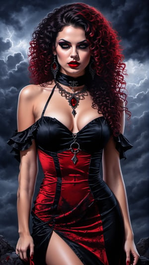 full body potrait of a photorealistic beautiful brunette seductress, devilish, curly hair, hell, dark sky, gloomy, exotic black and red vilain dress, choker style colar, blood color eyes, detailed face, goth, full body, dark fantasy, bloody