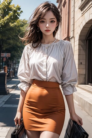 masterpiece, RAW photo, best quality, photorealistic, 1girl,outdoors, ss pencil skirt,orange pencil skirt, best quality,masterpiece,an extremely delicate and beautiful lora:more_details:0.3, lora:GoodHands-vanilla:1,
