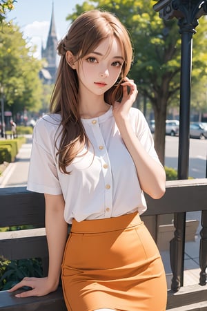 masterpiece, RAW photo, best quality, photorealistic, 1girl,outdoors, ss pencil skirt,orange pencil skirt, best quality,masterpiece,an extremely delicate and beautiful lora:more_details:0.3, lora:GoodHands-vanilla:1,
,asuna yuuki