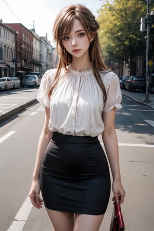 masterpiece, RAW photo, best quality, photorealistic, 1girl,outdoors, ss pencil skirt,orange pencil skirt, best quality,masterpiece,an extremely delicate and beautiful lora:more_details:0.3, lora:GoodHands-vanilla:1,
,asuna yuuki