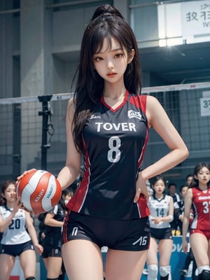 1 girl, play volleyball, (dynamic volleyball player pose:0.5),asian girl,jennie