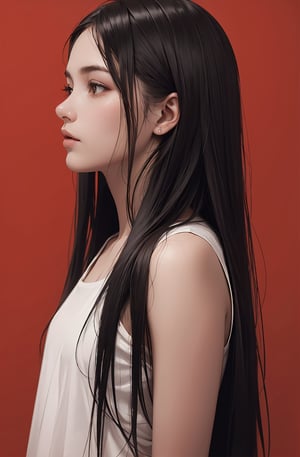 a 20 yo woman,long hair,dark theme, soothing tones, muted colors, high contrast, (natural skin texture, hyperrealism, soft light, sharp),red background,simple background, ,
