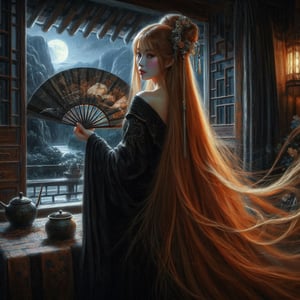 An ultra beautiful Asian woman long red-golden blonde hair, holding a very ultra ornate long black ancient liquored Asian fighting fan, wearing a long black Chinese womans dressing gown, in a darkened room of moonlight streak in through the opened balcony window, Chinese garden, night sky, black ink, in the style of Caravaggio, Fan Zhongzheng, and Da Vinci, 8k resolution, hyperdetailed, photorealistic, an oil painting art style, Sfumato,