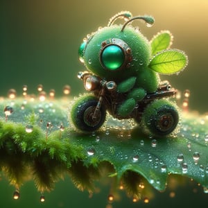 cute moss covered dewy robot insects, close up in a dewy rain forest, In a tilt-shift, macro-photographed scene with a shallow depth of field, a tiny, iridescent robotic insect, on a leaf, riding a motorcycle, its body a mesmerizing mosaic of microscopic mirrors and gears, perches on the velvety, emerald-green edge of a dew-kissed leaf, surrounded by a constellation of glistening, crystal-like droplets that refract and reflect the soft, golden light filtering through the forest canopy above, amidst a tapestry of intricate, lace-like ferns and moss-covered twigs, with the blurred, bokeh-rich background a warm, earthy blend of umber, sienna, and olive hues.