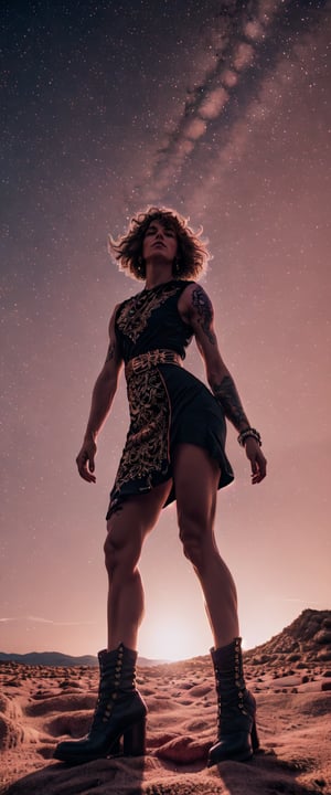 Tall Tough tattooed biker chick with two strong legs dancing on Saturn's moon Calisto, looking like a creation that could actually survive there, skirt dress touches ground, magic, art, wind, wind blown, spark, lightshow, fireflies, dust at feet, extreme brightness, extreme dark shadows, watching the rise of the distant Sun, with Saturn fully visible in the foreground, 36k resolution Kodak professional photography, hyperdetailed, Waiting to start