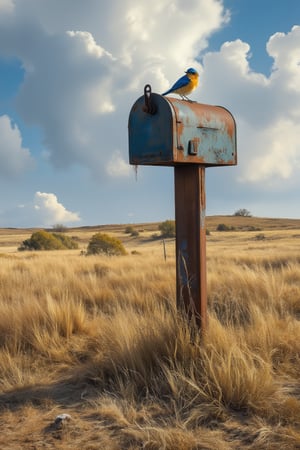 ((((western bluebird painted on))) an old rusty mailbox) in (((( Trompe l'oeil art style)))), in a dry abandoned field of an old farm house, the bluebird is painted in Trompe l'oeil style on the mailbox, 24k resolution, hyperdetailed, artistry, mailbox is laying on the ground discarded