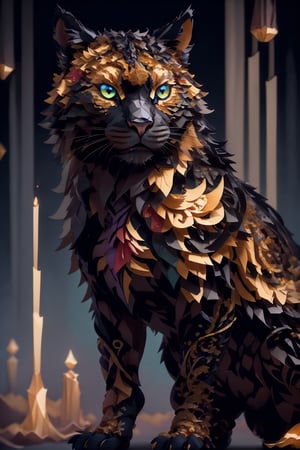 Very black reflective cat eyes, Official Art, Unity 8K Wallpaper, Super Detailed, Beautiful and Aesthetic, Masterpiece, Top Quality, (Zentangle, Mandala, Tangle, Tangle), (Fractal Art: 1.3), One big cat, Highly Detailed, Dynamic Angle, cowboy shot, the most beautiful form chaos, elegant, brutalist design, bright colors, red, cyan, yellow, green, romanticism