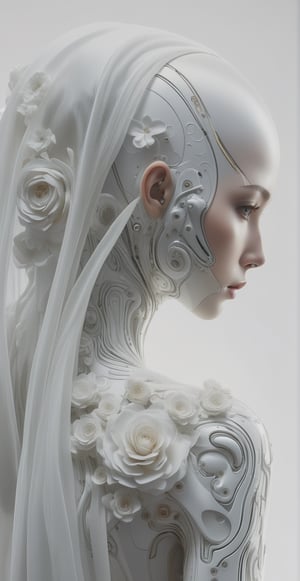 An ultra tall ultra beautiful tech fashion woman, high contrast, high cheekbones, floral modesty cover white fabric, white plastic cover, flowing white tech silk, futuristic tech design skin, tech imbedded in suit fabric, tech fashion in transporter holodeck, full body