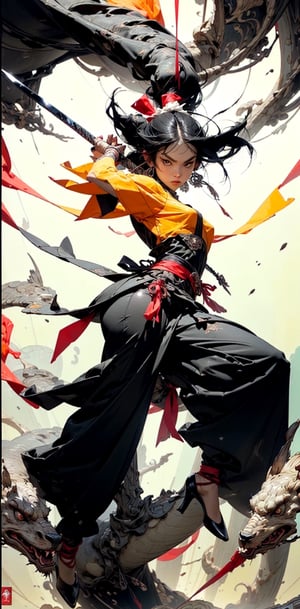 Best quality, masterpiece, ultra high res, 1 girl, beautiful face, detailed skin, gu, dragon, full body, weapon, black hair, holding a ribbon and swinging a gleaming weapon of war, blood, arm guards, male focus, looking at viewer, black eyes, tabi, floating hair, full body, slender legs, red yellow white and black, saramonial ribbons of war that slash tear and kill, the drums of battle are sounding, hands up,Detailedface