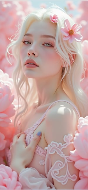 photorealistic surreal digital painting.pop surrealism. A portrait of an beautiful woman exuding youth and naivete, with pale skin, white hair cascading with soft pink flowers in it. She is wearing a sheer gossamer gown adorned with soft intricate patterns in relief standing amidst surreal pink clouds. Her hands rest on her chest, creating a sense of whimsicality and sophistication. The background features a soft-focus effect, adding depth to the scene, in the style of Miss Aniela and Marianna Rothen ,Auguste Renoir ~ Paul Peel ~ John Singer Sargent ~ Alexandre-Jacques Chantron ~ John William Godward ~ John William Waterhouse ~ Han-Wu Shen ~ Ishitaka Amano ~ Chakrapan Posayakrit ~ Kim Jung Gi ~ Kei Mieno ~ Ikushima Hiroshi ~ WLOP ~ William-Adolphe Bouguereau ~ Alphonse Mucha ~Luis Royo ~ Range Murata ~ Jock Sturges photography ~ David Hamillton photography ~ Rustic Sketchbook Style, Sketch Book, Hand Drawn, Dark, Gritty, Realistic Sketch, Rough Sketch, Mix of Bold Dark Lines and Loose Lines, Bold Lines, On Paper, Turnaround Character Sheet, Natural Light, Dynamic, Highly Detailed, Watercolor Painting, Watercolor Paper, Artstation, Concept Art, Smooth and Crisp, Sharp Focus, Illustration, Goth girl ,sparkles,in the style of vargas