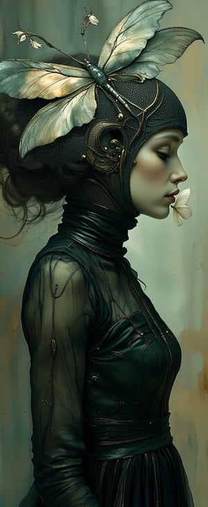 A surrealistic, hyper-detailed portrait of a woman in profile, wearing a dark, translucent high-collared dress. A white butterfly on her tongue.  Her head is adorned with a complex metallic headpiece, covered by a fine mesh that conceals her face. Atop her head, a large metallic dragonfly perches, its wings spread wide, with intricate, realistic details. The entire image is rendered in a dark, monochromatic color palette with soft, moody lighting, creating a mysterious and futuristic atmosphere. The composition merges elements of gothic, futuristic design, and insect-inspired surrealism.