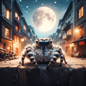 jumping spider, zebra stripes, cute, big eyes, masterpiece, full moon, alley