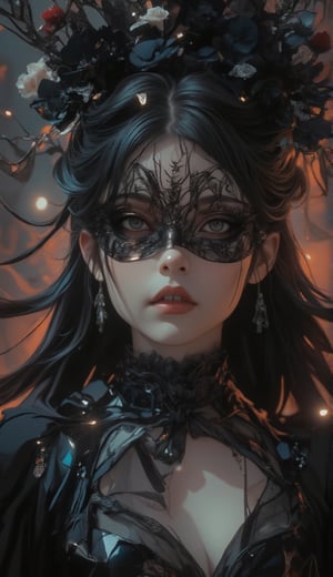 (a close up of a person wearing a mask, female zorro, dreamy gothic girl, elegant render, half body photo, mistress, photoshop render, ebony rococo, elegant girl, female spy, haunting beautiful young woman, super-hero girl, extravagant dress, beauty girl