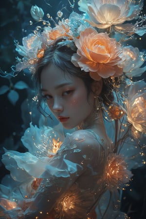 "Create an ultra-beautiful cute female character who appears almost sculpted from an intricate blend of flowers and delicate paper art. Her hair cascades like petals, adorned with vibrant blooms, and her skin glows softly, resembling the gentle textures of paper. She stands in an otherworldly location, surrounded by towering, bioluminescent plants that cast a surreal light, creating an ethereal atmosphere. The background is filled with softly swirling mists and sparkling fairy lights, enhancing the dreamlike quality of the scene. Emphasize the interplay of light and shadow on her form to create a convincing 3D effect on a 2D canvas. The overall theme should evoke a sense of harmony between nature and artistry, inviting viewers into a fantastical realm."