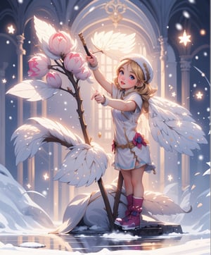 hazelnut people a young blonde angel girl in winter clothing looking at camera with snow falling, intrecut white chrismas boots beautiful digital artwork, realistic digital art 4 k, perfecteyes eyes, SAM YANG,