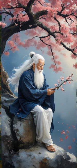 Old mythical Chinese King with long white hair and gentle eyes, wearing a kimono looks  as if it's made of water, holds a cherry blossom and flower twig sitting in quarter profile on a gray white stone, shimmering light water blue, under a gnarled old cherry tree, oil painting, 8k resolution,