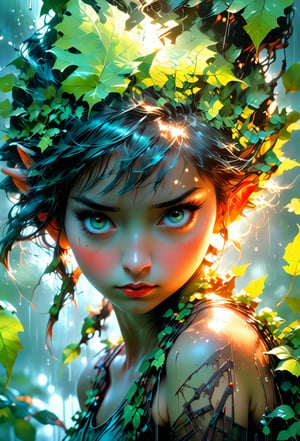 an autumn leaf pixie girl on a leaf in the rain, the autumn leaf pixie and the world adventure, photo realism, 8k resolution, garden, trending on artstation, 4k, intricate details, highly detailed, pencil drawing, sketching, unreal engine, greg rutkowski, loish, rhads, beeple, makoto shinkai and lois van baarle, ilya kuvshinov, rossdraws, tom bagshaw, alphonse mucha, oil painting, heavy strokes, paint dripping, oil painting, heavy strokes, paint dripping