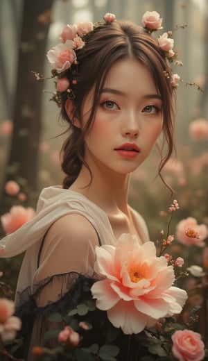 Portrait of a Caucasian beautiful girl holding the most delicate flower, blured forest background, morning sunrise, 8k