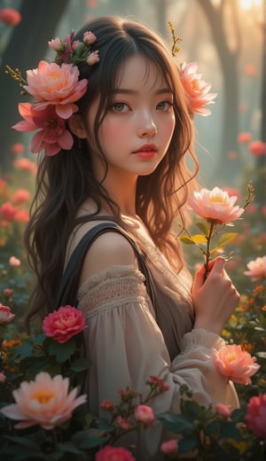 Portrait of a Caucasian beautiful girl holding the most delicate flower, blured forest background, morning sunrise, 8k