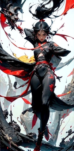 Best quality, masterpiece, ultra high res, 1 girl, beautiful face, detailed skin, gu, dragon, full body, weapon, black hair, holding a ribbon, blood, arm guards, male focus, looking at viewer, black eyes, tabi, floating hair, full body, slender legs, red yellow white and black, saramonial ribbons of war that slash tear and kill,  hands up,Detailedface