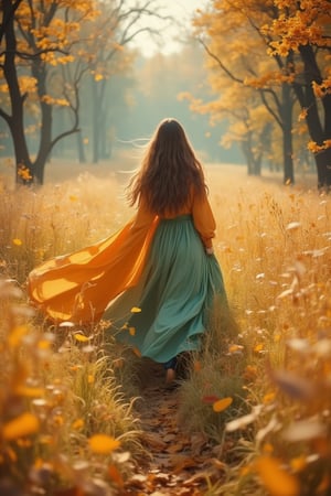 a girl walking through a field, flowy end of summer green dress, fall orange sweater, leaves blown by the wind, grass wind blown, yellow fall tree leaf colors, may tree leaves upper background, very windy, very tall dry grass, blowing boiling swirling wind, plowing leaves of grass, all the many leaves and color, in the style of ethereal trees, dark yellow and azure, majestic, sweeping seascapes, sloped terrain, photorealistic representation, graceful balance, wimmelbilder, orange --ar 72:101 --stylize 750 --v 6