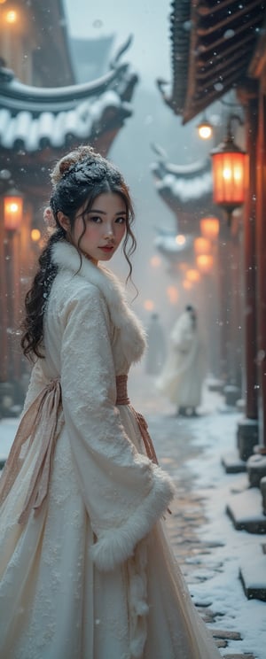 Snow-kissed beauty strides forward, gaze locked on the viewer as she glances over her shoulder. Framed by a warm glow from nearby lanterns, her porcelain complexion and rosy cheeks radiate amidst the winter wonderland's serene silence. In the background, a white--robed scholar navigates the ancient city's cobblestone streets, wisps of fog swirling around him like ethereal whispers.