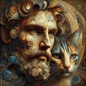 (An abstract depiction of a man's cat, rendered in the distinctive style of Caravaggio, evokes fragmented recollections, while the influence of Rembrandt emerges in the intricate, multi-layered figures, the interplay of contrasting tones, and the richly patterned imagery), detailed textures, high quality, high resolution, high Accuracy, realism, color correction, Proper lighting settings, harmonious composition, Behance works, minimalist hologram,
