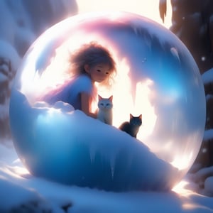 beautiful fairy girl trapped inside a magical hairy frost ice bubble, and a cat, happy light morning sun back light, comic realism art style oils,