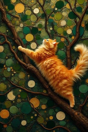 "An overhead shot capturing a fluffy
ginger cat gracefully climbing a tree
branch. Green leaves and other
branches overlap, creating chaotic
lines and swirls, with the wind
adding movement. Inspired by
Gustav Klimt's style, the image will
feature intricate patterns, rich
colors, and a touch of gold, evoking
a sense of elegance and timeless
beauty."