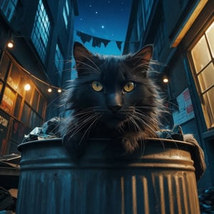 An intense dirty scrappy black cat sitting on top of a huge old metal garbage can, Hollywood lighting, behind a rundown old hippy record store in a dirty alley, dark dimly lit blue night sky with stars, dust, 8k resolution,