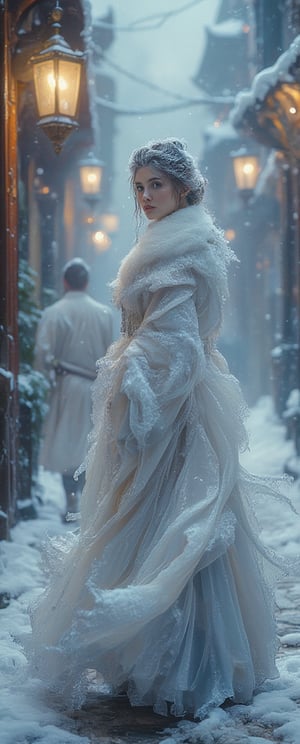 Snow-kissed beauty strides forward, gaze locked on the viewer as she glances over her shoulder. Framed by a warm glow from nearby lanterns, her porcelain complexion and rosy cheeks radiate amidst the winter wonderland's serene silence. In the background, a white--robed scholar navigates the ancient city's cobblestone streets, wisps of fog swirling around him like ethereal whispers.