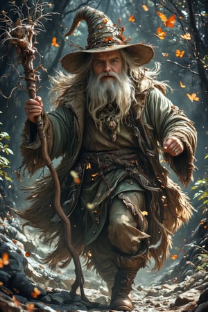 a mildly friendly very old Nordick Forest wizard, gray hair wrinkles, dynamic pose walking quickly to profile, mossy beard, fantasy, Radagast, carries a gnarled old wooden magic staff, butterflies, birds, lord of the rings, slightly limp wizard hat, oil, watercolor, comic art style, DaVinci,