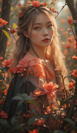 Portrait close up of a beautiful dutch girl holding a tiny most delicate rare flower, blured forest background, background colors should match forground colors in harmony, morning sunrise, 8k