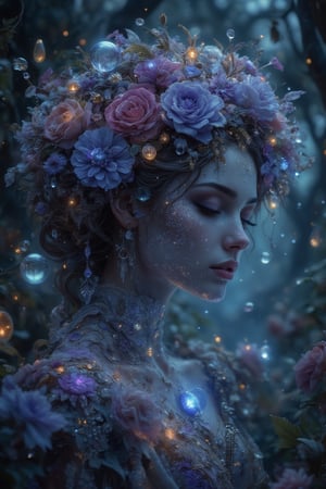 As the goddess mother nature tends to her garden, round blue bioluminescent irises, frost ice in her hair resembling babies breath flowers, mist, frost, ice, she marvels at the beauty of her bioluminescent flowers. The violets and pinks glow in the moonlight, creating a dreamy atmosphere. The roses, with their delicate petals and intoxicating scent, add to the enchantment of this garden. With the AI platform's stylistic rendering, this scene will come to life in a unique and visually stunning way.