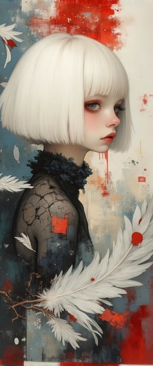 painting of a woman with a white short haircut, feathers in her hair, against a background of flying fluff and feathers, winner of the cgsociety competition, fantasy art, watercolor, ink, beautiful portrait of a blonde girl in feathers dreamy background of fluff and feathers, sadness - sadness, small red splashes, hits red, beautiful art UHD 4K, artgerm and Lois van Baarle, hair with feathers, high detailing), works by Greg Rutkowski UHD, Tom Bagshaw style, Magali Villeneuve and Monet, intricate details, cute detailed watercolor