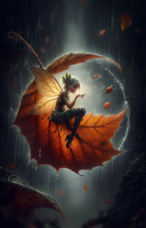 an autumn leaf pixie girl on a leaf in the rain, The agis man and the world of space adventure, photo realism, 8k resolution,