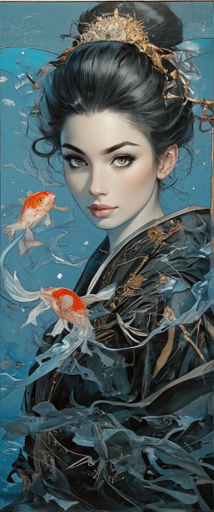 (((Photo, realistic, light refraction, ((acrylic with goldfish illustration embedded in desk)),  llngsh AND 1920s geisha, face, brunette, kimono goldfish look like they are swimming in Chinese letter panterns that spell ni hao, deep blue and light blue gradation, very beautiful, cool feeling piece))), front view of face and full body head to toe angel woman facing the camera, full color Sketch book, highly detailed hand drawn, light, realistic sketch, gloss black and gold chiffon linen and flowing gossamer with ruffled silk under garments dress braded dark brown hair Rough sketch, mix of bold dark lines and loose lines, bold lines, on paper, beautiful angel facing camera, character model sheet, back view included on character sheet. female, Full body, runes, light hero theme, flowing partially braided hair, beautiful 8k photorealistic, 