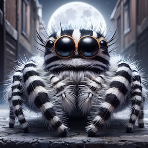 jumping spider, zebra stripes, cute, big eyes, masterpiece, full moon, alley