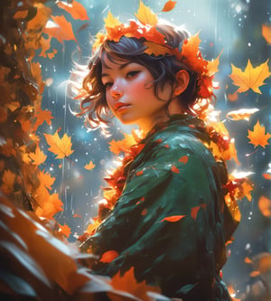 an autumn leaf pixie girl on a leaf in the rain, cute little half smile, the autumn leaf pixie and the world of space adventure, photo realism, 8k resolution,, garden, trending on artstation, 4k, intricate details, highly detailed, pencil drawing, sketching, unreal engine, greg rutkowski, loish, rhads, beeple, makoto shinkai and lois van baarle, ilya kuvshinov, rossdraws, tom bagshaw, alphonse mucha, oil painting, heavy strokes, paint dripping, oil painting, heavy strokes, paint dripping