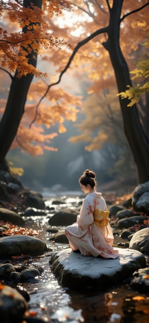 A beautiful mid 30 year old geisha woman kneels atop a flat white gray stone plaque imbedded in the creek bed, kneeling to offer prayer and contemplation, a stone shrine of one flat transluscent white gray river stone, she wears a kimono of colores echoing he autumn forest leaves, in an autumn old tree line from gnarly and caved trees age of Methuselah, sparkling swallow puddles, with fallen leaves in them. The light filtering through the graying leaves glistens on the tiny drops of water. Vivid warm colors. One point perspective, fading. In the style of István Orosz and Josephine Wall and Takashi Murakami.