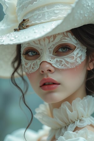 a medium close up of a person wearing a mask, dreamy gothic girl, elegant render, half body photo, mistress, photoshop render, ivory rococo, elegant girl, female spy, haunting beautiful young woman, pink lipstick, super-hero girl, extravagant dress, beauty girl, white zorro, broad brimmed white hat, a ultra close up tiny little frog in a raindrop on the brim of her hat, 8k resolution,