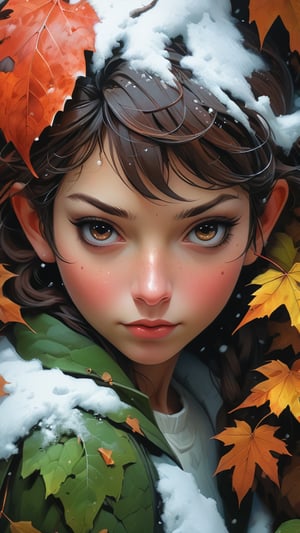 a snowy winter leaf pixie girl on a leaf in the snow, dark reddish-brown hair, ahe snowy winter leaf pixie and the world of adventure, photo realism, 8k resolution, garden, trending on artstation, 4k, intricate details, highly detailed, pencil drawing, sketching, unreal engine, Caravaggio, greg rutkowski, loish, rhads, beeple, makoto shinkai and lois van baarle, ilya kuvshinov, rossdraws, tom bagshaw, alphonse mucha, oil painting, heavy strokes, paint dripping, oil painting, heavy strokes, paint dripping