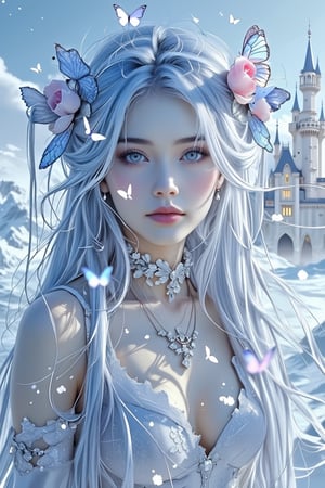 A mysterious girl with long, straight, randomly pastel blue hair wears a silver dress with shiny frills and ribbons. Sparkling stardust-like effects dance around her, and a fantastic castle floating in the sky is vaguely reflected in the background. The camera is in soft focus, and the blur of light appears to wrap around her. The frame is designed with dancing butterflies in pale light, expressing a dream world. ,acryli painting,Anime style,VNS_Add more details,Made in abyss manga