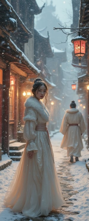 Snow-kissed beauty strides forward, gaze locked on the viewer as she glances over her shoulder. Framed by a warm glow from nearby lanterns, her porcelain complexion and rosy cheeks radiate amidst the winter wonderland's serene silence. In the background, a white--robed scholar navigates the ancient city's cobblestone streets, wisps of fog swirling around him like ethereal whispers.