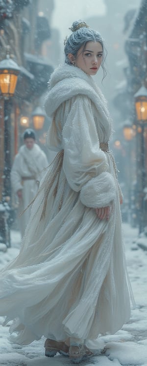 Snow-kissed beauty strides forward, gaze locked on the viewer as she glances over her shoulder. Framed by a warm glow from nearby lanterns, her porcelain complexion and rosy cheeks radiate amidst the winter wonderland's serene silence. In the background, a white--robed scholar navigates the ancient city's cobblestone streets, wisps of fog swirling around him like ethereal whispers.