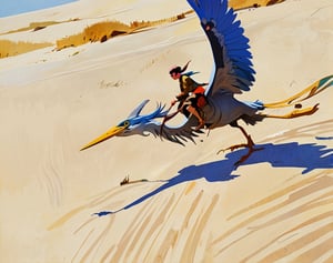 create a main character riding a large tall bird similar to the great blue heron in a beautiful flat desert landscape of a 3d video game vista , riding a giant tall blue heron bird, Jean Giraud,  the main character wears a long yellow tan trench coat with hood and tinted goggles, endless miles of blowing sand dunes, riders in the far distance, blue skies with billowing white clouds pink tinged, blowing boiling swirling wind, blowing leaves of grass, dark yellow and azure, majestic, sweeping seascapes, photorealistic representation, graceful balance, wimmelbilder, Andrew Wyeth, orange, Leaves of Grass, in the art style of Jean Giraud,