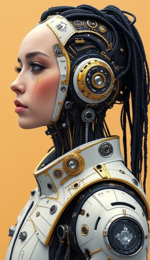 (masterpiece:1.2),(Highest quality),(Super detailed),(Ultra-high resolution),(Best illustrations),8k,wallpaper,Future City,Beautiful female cyborg,whole body,psychedelic,Vector art, braids, rows, drill hair tech, Layered textures,progressive,pop,sf,cyber punk,sexy, peach skin, diamond fractured parts white gold black, dynamic movement pose, moving, beautiful cyberpunk mech girl, clean design all tech parts smoothly intergrated, profile looking at the viewer, whole body shot, full body shot, cyberpunk image, 8k, 
