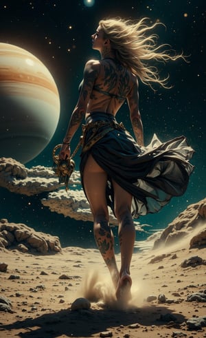 Tall Tough tattooed biker chick with two strong legs dancing on Saturn's moon Calisto, facing the viewer, facing the camera, looking like a creation that could actually survive there, skirt dress touches ground, magic, art, wind, wind blown, spark, lightshow, fireflies, dust at her feet, extreme brightness, extreme dark shadows, watching the rise of the distant Sun, with Saturn fully visible in the foreground, 36k resolution Kodak professional photography, hyperdetailed, Waiting to start